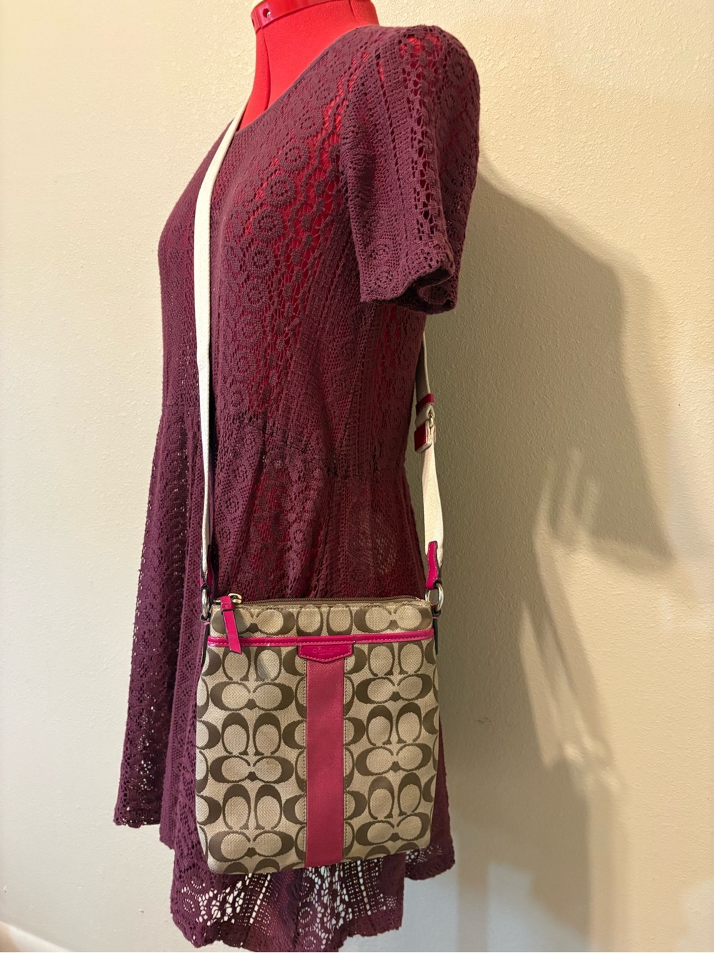 Coach tan and pink canvas Crossbody with signature C pattern